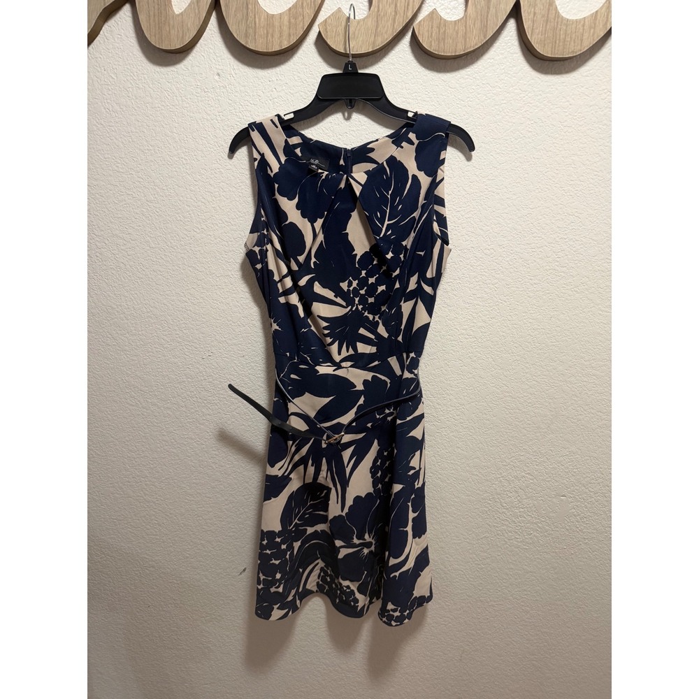AGB Dress Womens 14 Navy Blue Tan Floral Leaf Print Belted Sleeveless Fit Flare